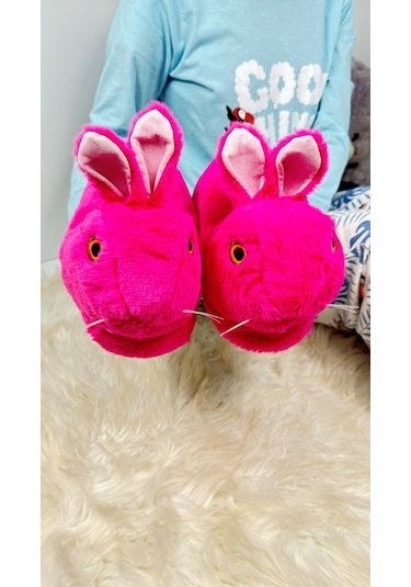 Kadın Panduf Tavşan Figürlü Peluş Ev Botu Desenli Düz Taban Rahat Hafif 359 Fuşya