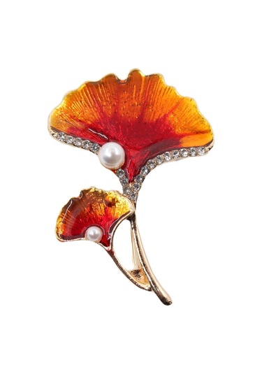 Ginkgo Yaprağı İncili Taşlı Broş. Yaka İğnesi Broş. Kadın Broş. Çiçek Broş. Ginkgo Broş. Gold Broş. Altın - Kırmızı