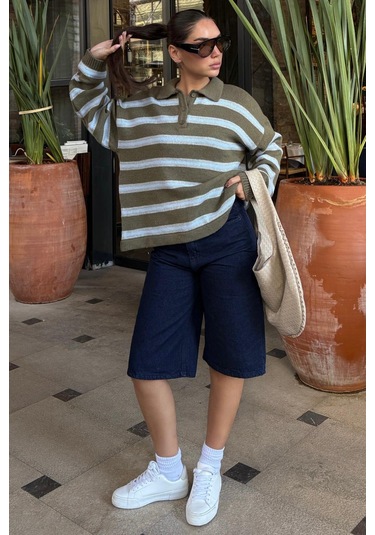 Haki Polo Yaka Çizgili Kadın Triko Kazak Mg2469 Haki