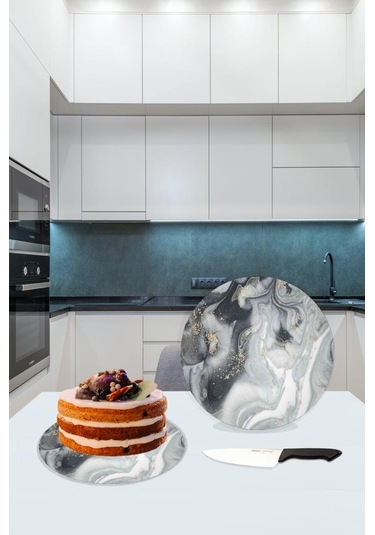 Dekoratif Cam Kesme Tahtası Gri Mermer Çap 32 Cm Cam Kesme Tabl