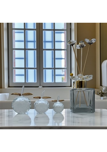 Dekoratif Kristal 7 Parça Set Üçlü Elma Ve Koku Şişesi Şeffaf Gold 01