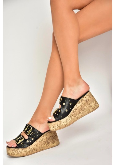 Fox Shoes U996753509 Siyah Dolgu Topuklu Kadın Ayakkabı Siyah-suni Deri