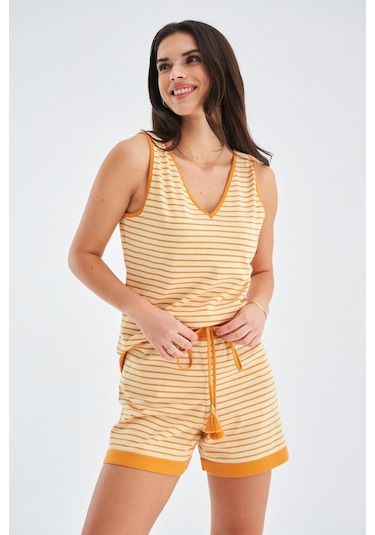 Peraluna Paru Top & Shorts Pamuklu Yazlık Kadın Triko Şort Takım Bej-Turuncu Bej - Turuncu