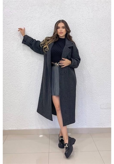 Dip Moda Kadın Siyah Çizgili Oversize Kaşe Kaban Dpnbshnz08 Siyah