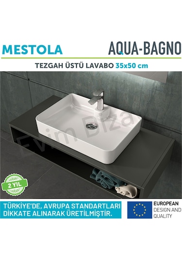 Mestola Tezgah Üstü Kare Çanak Lavabo Batarya Delikli 50 X 35 Cm Beyaz