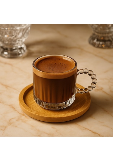 6 Kişilik 12 Parça Cam Bambu Tabaklı Kahve Fincan Takımı Seti 130ml Şeffaf