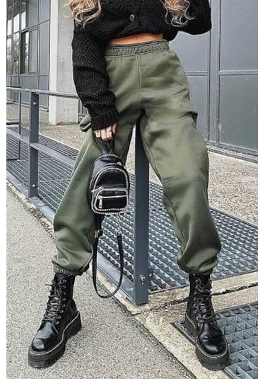 Mad Girls Haki Paça Lastikli Oversize Kadın Eşofman Mg324 Haki