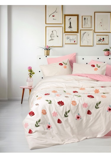 Cotton Box Puff Nakışlı Çift Kişilik Nevresim Takımı Blossom Somon
