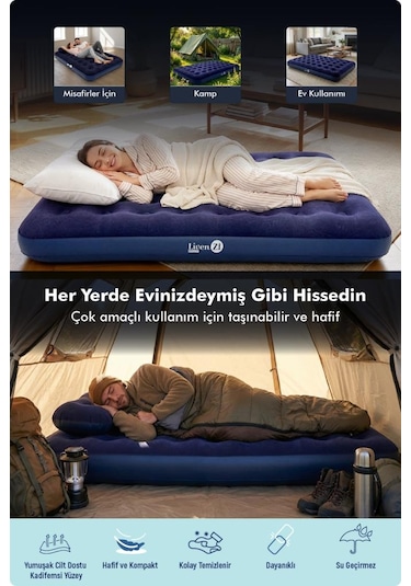 Livenzi Tek Kişilik Şişme Yatak & Yastık 191 76 22 Cm Lacivert