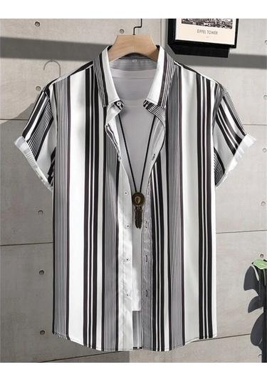 Snapbuy 2025 Erkek 3d Havai Gömlek - Basit Çizgili, Gevşek Nefes, Yazlık Kısa Kollukahverengi Kahverengi