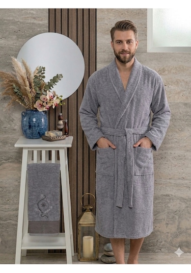 Premium 2'li Aile Bornoz Seti Çeyizlik Pamuklu Hediyelik Banyo Takımı S/m Antrasit