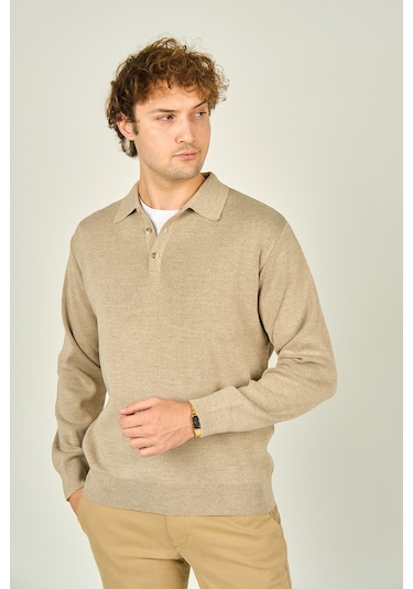 Ateş Triko Erkek Polo Yaka Düğmeli Yün Kazak 6091023 Bej Bej