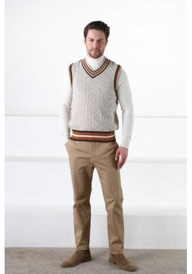 Ferraro A.Bej Örgü Desenli V Yaka %100 Kuzu Yünü Erkek Süveter