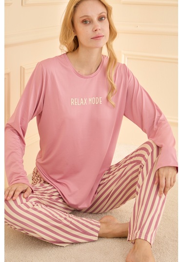 Mihra Kadın Pijama Takımı Uzun Kol Mevsimlik Pembe
