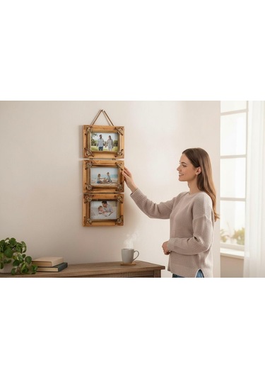 El Yapımı Doğal Ahşap 3 Lü Bambu Bamboo Fotoğraf Çerçevesi Dekoratif Ev Ofis Hediyesi Duvar Süsü - 2
