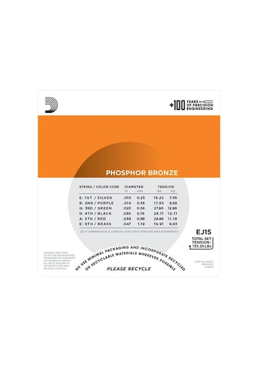 D'Addario EJ15 Phosphor Bronze, Extra Light Takım Tel Akustik Gitar Teli 010-047