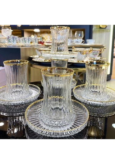 Çeyizci Çarşı 12 Parça Elysia Kesme Gerçek Yaldızlı Çay Seti Takımı Yaldızlı Şeffaf