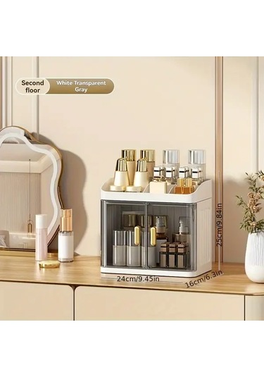 Willowhaven Cream Transparent 3 Katlı Büyük Kapasiteli Katlanır Makyaj Organizatörü Krem + Şeffaf