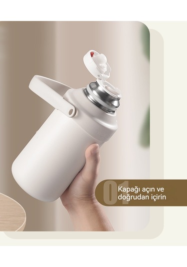 Relaxed Taşınabilir 316 Açık Hava Sporları Büyük Kapasiteli Termos Bardak, Yüksek Görünümlü Vakumlu Soğuk Tutma Kolu Su Isıtıcısı-Beyaz 1.2 L