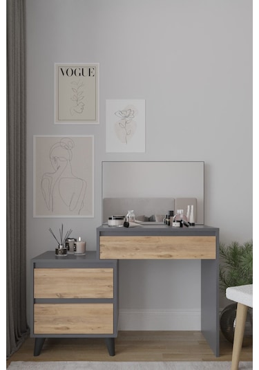 Viona 3 Çekmeceli, Aynalı Makyaj Masası A.çam-antrasit