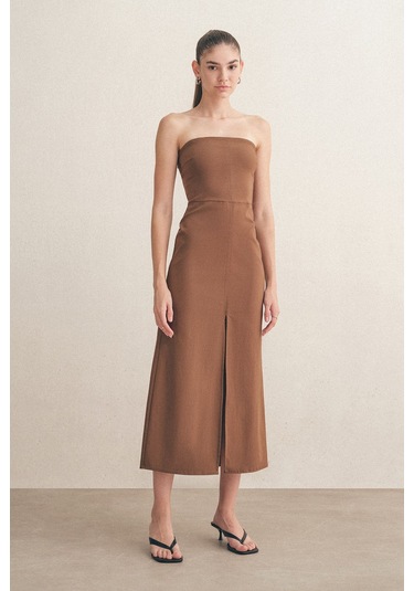 Mathilda Store Kadın Kahverengi Midi Boy Kalem Elbise