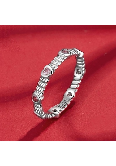 Fastbuy 925 Ayarlı Platin Kalp Sıkma Desen Zirkon Yüzük No.7 Çok Renkli Çok Renkli