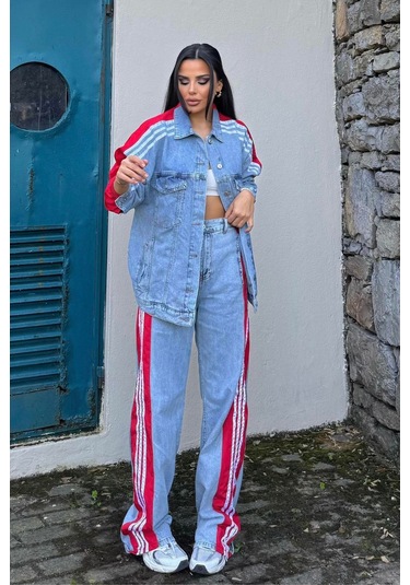 Kadın Kot Garnili Yanı Kırmızı Şeritli Palazzo Alt Üst Takım Çok Renkli