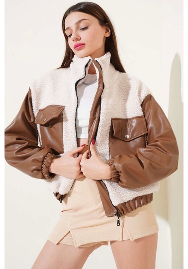 Deri Garnili Cepli Peluş Mont Taba T1253 Taba