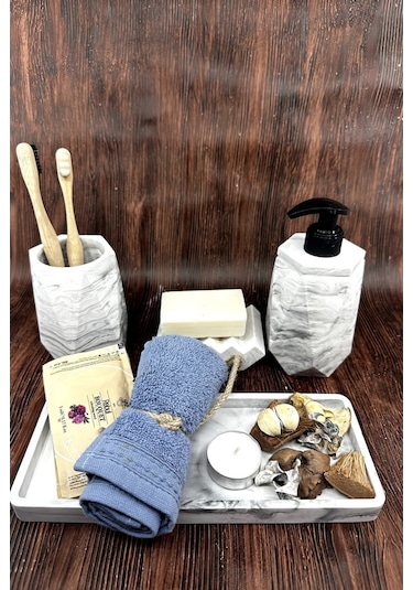 Betonmall 4 Parça Mermer Desenli Beton Banyo Seti Katı Sıvı Sabunluk Diş Fırçalık Tepsi - Gri Gri