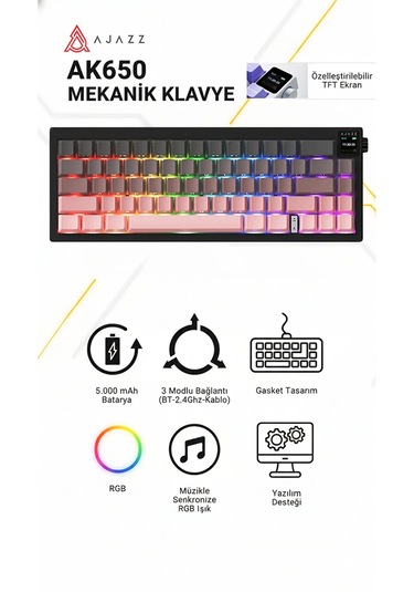 Ak650 Tft Ekranlı 3 Modlu Mekanik Oyun Klavyesi-5.000 Mah Batarya-gasket Tasarım - Pembe