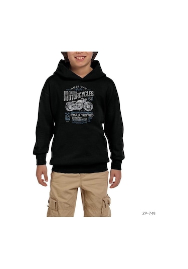 Vintage Motorcycle Siyah Çocuk Kapşonlu Sweatshirt Siyah