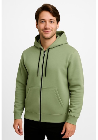 Axxel Erkek Yeşil Fermuarlı Kapüşonlu Sweatshirt-w590 Yeşil 3 İplik Şardonlu