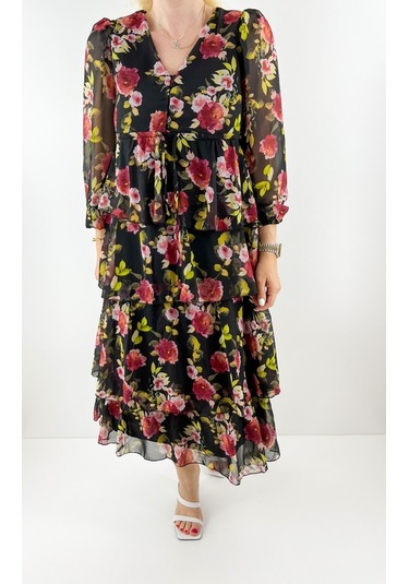 Modaonna Kat Kat Şifon Çiçekli Elbise Çok Renkli