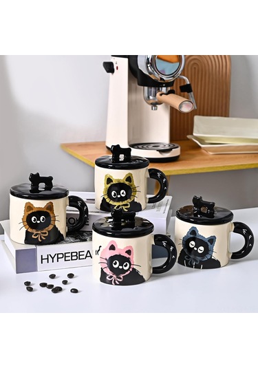 Suofeng Kedi Desenli Seramik Kupa - Kahve/bardak 370ml Dayanıklı Ev/ofis Kullanımı Kahve Severler İçin Kahve Fincanı Kahverengi