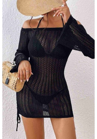 Angelsin Örme Yanlardan Büzgülü Uzun Kollu Plaj Elbisesi Pareo Siyah 001