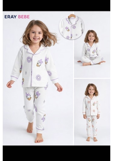 Ördek Desenli Pijama Takımı Beyaz- Mor
