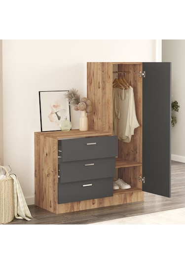 Yurudesign Nancy Aynalı Şifonyer Gardırop Çam-Antrasit