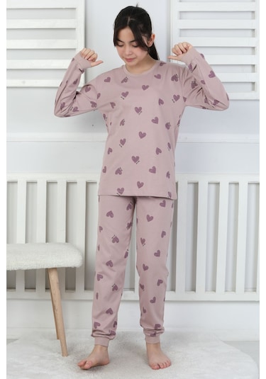 Lavanta Renkli Kalp Desenli Kız Çocuk Pijama Takımı Mor