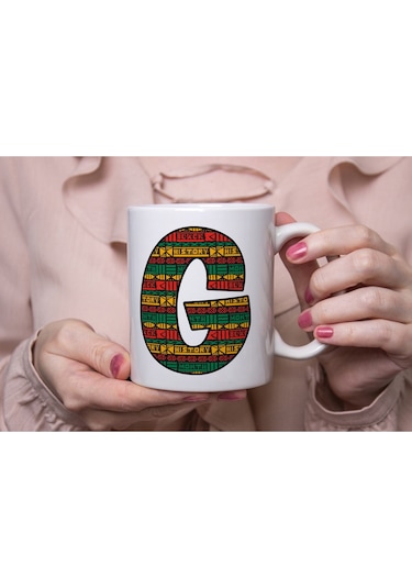 G Harfi Etnik Desenli Kupa - Afrika Tarzı Kahve Çay Kupası - Hediyelik - Black History Beyaz