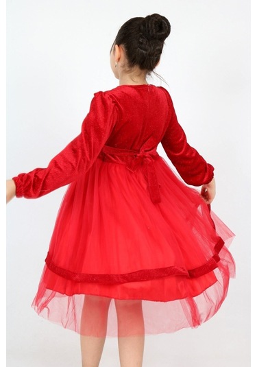 Kız Çocuk Kadife Kumaş Tül Detaylı Diz Boyu Tokalı Elbise Kırmızı