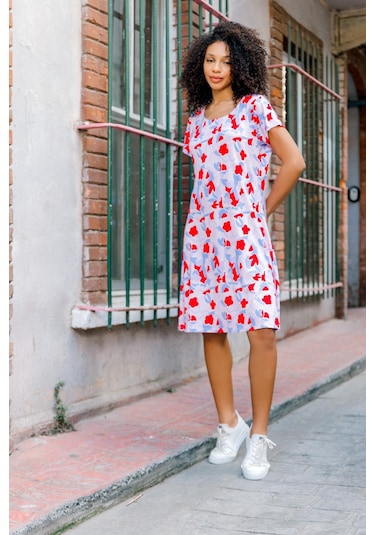 Dökümlü Rahat Kalıp Günlük Penye Kumaş Elbise-mercan Mercan