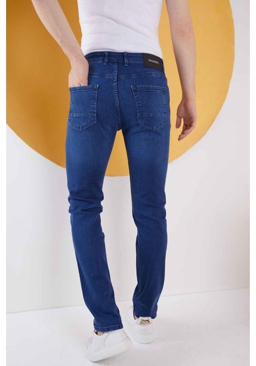 Erkek Mavi Düz Regular Fit Likralı Düz Paça Kot Pantolon Mavi