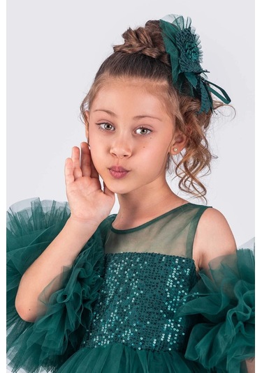 Kız Çocuk Abiye Elbise Ponpon Kol Pul Payetli Tütülü Yeşil