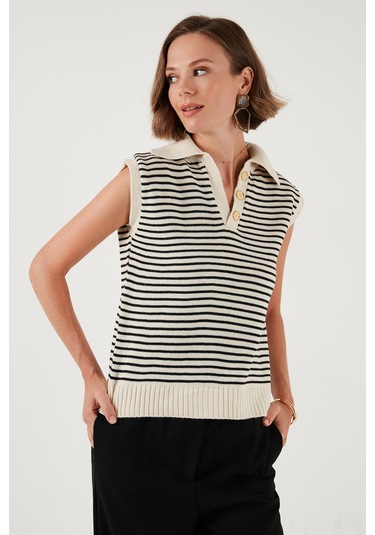 Lela Çizgili V Yaka Triko Bayan Süveter 4616171 Krem-Siyah