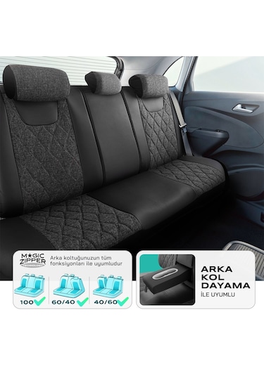 Panda Marmaris Serisi Keten Kumaş Oto Koltuk Kılıfı - Siyah - Gri