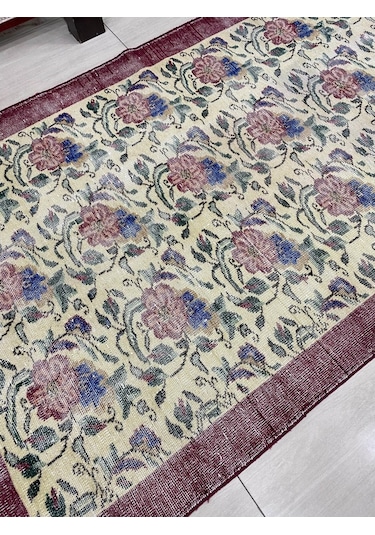 El Dokuma Eskitme 145X240 Kırmızı Mavi Güllü Vintage Yün Halı ! Kırmızı