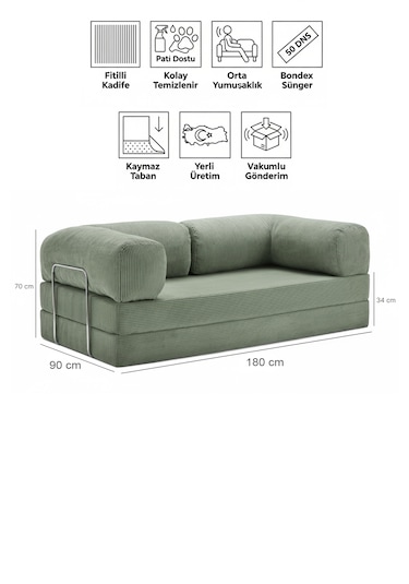 90x180 Kanepe - Fitilli Kadife Yıkanır Silinir Pratik Yer Yatağı 50 Dns Bondex 90x180cm Yeşil