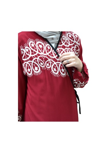Halkalı Desenli Kruvaze Namaz Elbisesi Yandan Bağlamalı, Rahat Kesim 36 46 Beden Bordo