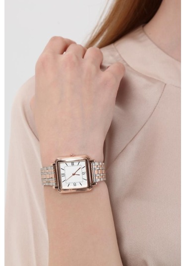Daisy Rose Gümüş Kordon Kare Kasa Roma Rakam Kadın Kol Saat Rose Gold