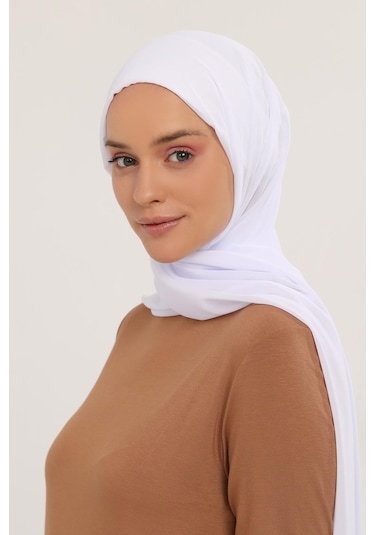 Hazır Pratik Lüks Geçmeli Lastikli Boneli Şifon Şal Beyaz